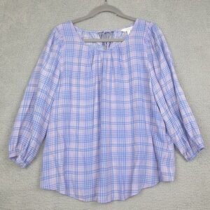 LC Lauren Conrad Blouse Womens Large Purple Blue Plaid Tie Back Boho Cottagecore